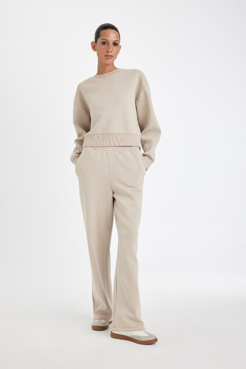 Kadın Kum Straight Fit Beli Lastikli Eşofman Altı Yüksek Bel Cepli Kalın Basic Düz