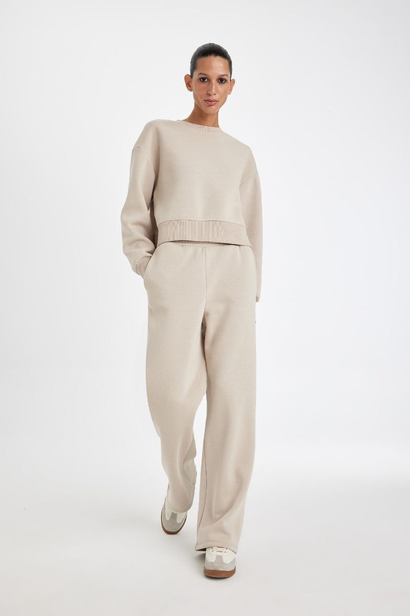 Kadın Kum Straight Fit Beli Lastikli Eşofman Altı Yüksek Bel Cepli Kalın Basic Düz