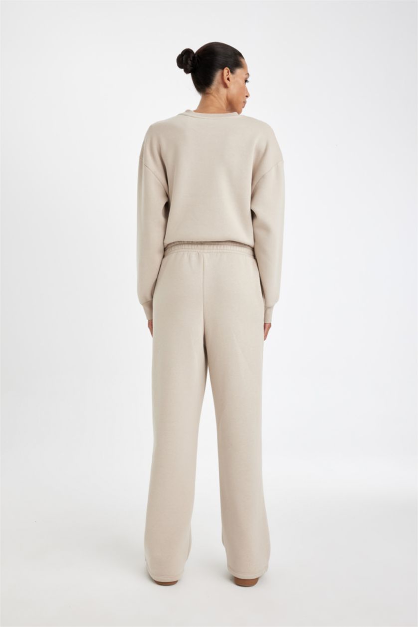 Kadın Kum Straight Fit Beli Lastikli Eşofman Altı Yüksek Bel Cepli Kalın Basic Düz