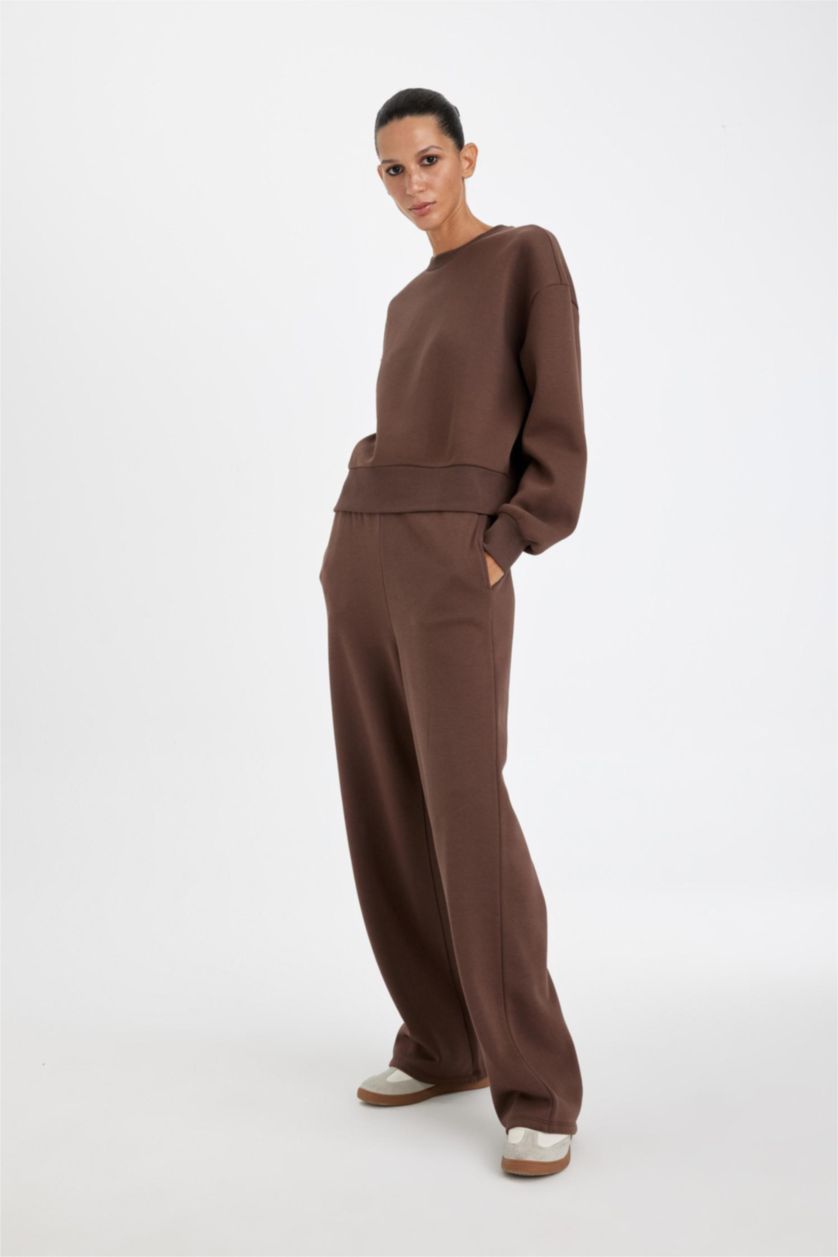 Kadın Kahve Straight Fit Kalın Kışlık Eşofman Altı Beli Lastikli Cepli Yüksek Bel Basıc