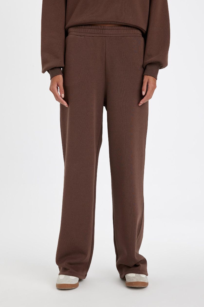 Kadın Kahve Straight Fit Kalın Kışlık Eşofman Altı Beli Lastikli Cepli Yüksek Bel Basıc