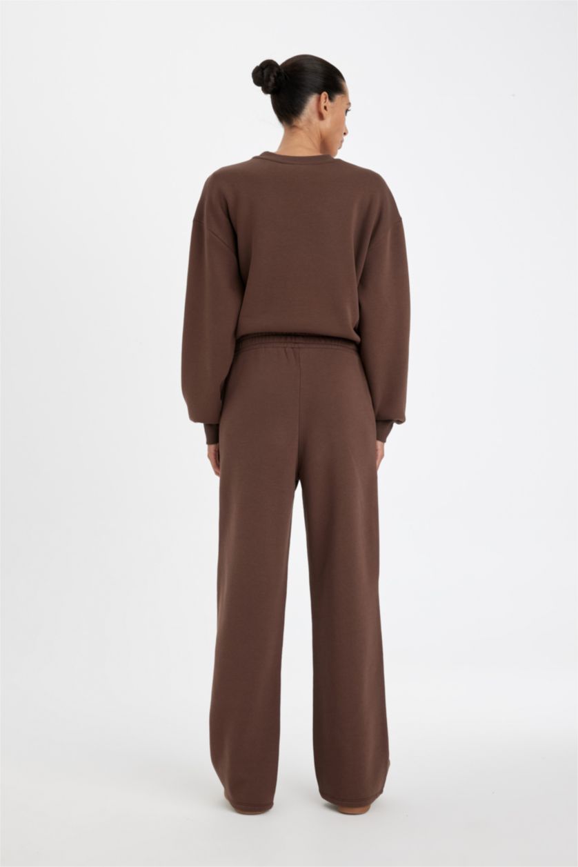 Kadın Kahve Straight Fit Kalın Kışlık Eşofman Altı Beli Lastikli Cepli Yüksek Bel Basıc