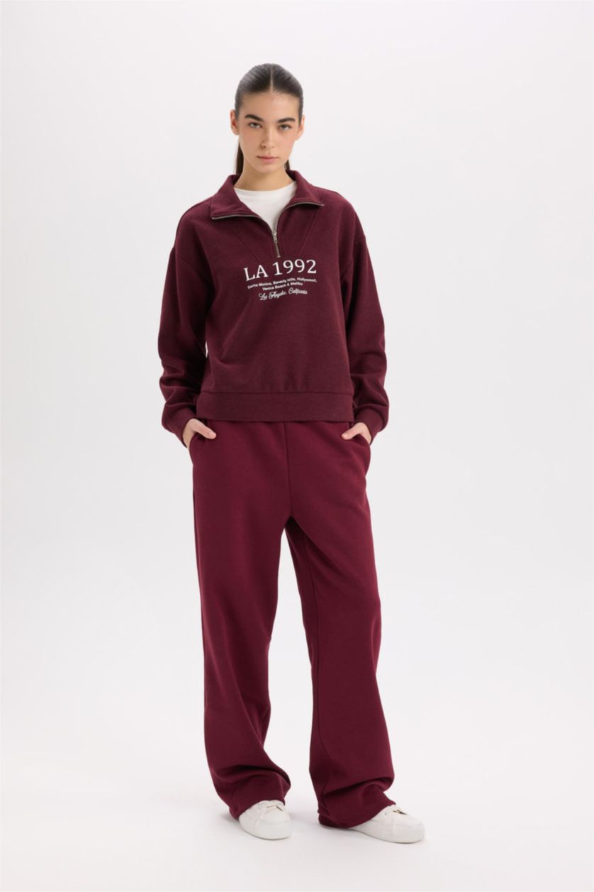 Kadın Bordo Straight Fit Beli Lastikli Cepli Yüksek Bel Kalın Basic Düz Eşofman Altı