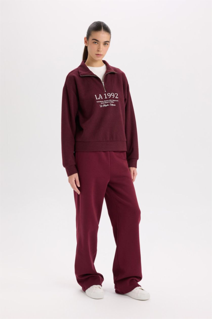 Kadın Bordo Straight Fit Beli Lastikli Cepli Yüksek Bel Kalın Basic Düz Eşofman Altı