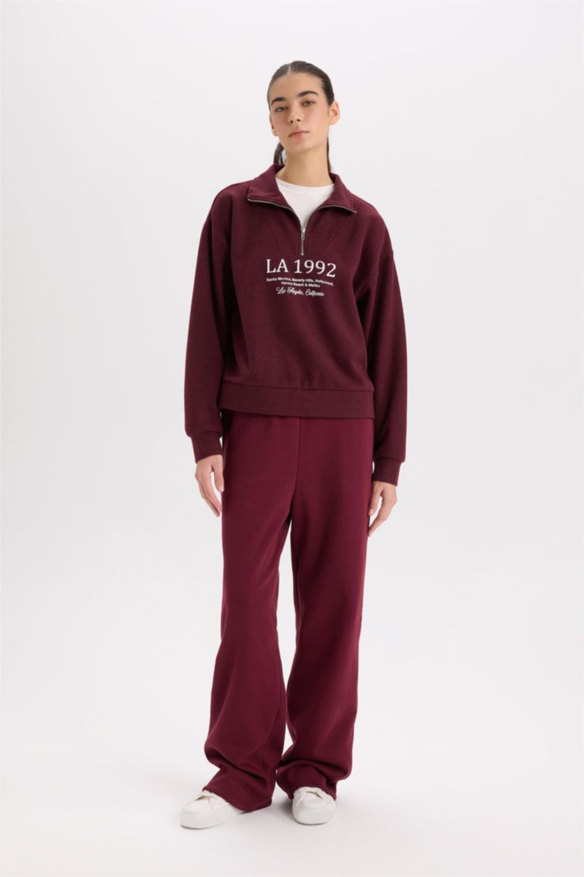 Kadın Bordo Straight Fit Beli Lastikli Cepli Yüksek Bel Kalın Basic Düz Eşofman Altı