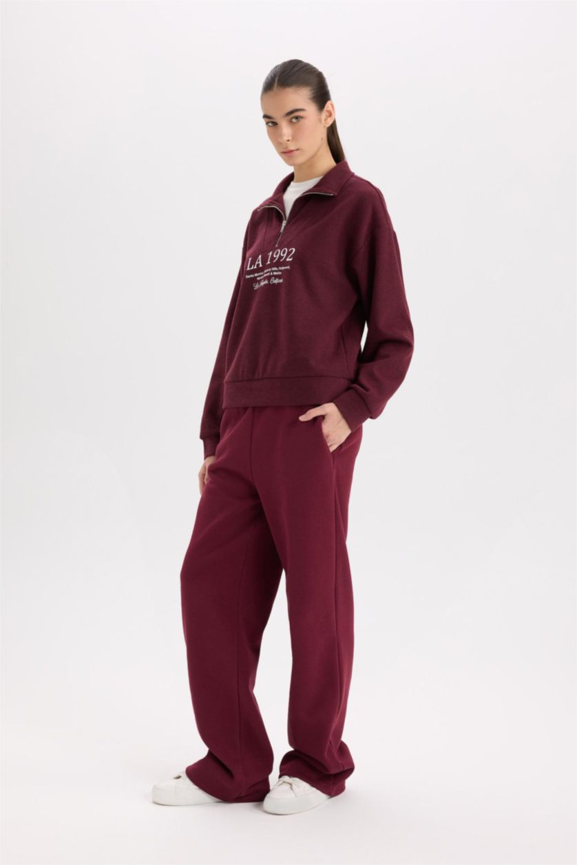 Kadın Bordo Straight Fit Beli Lastikli Cepli Yüksek Bel Kalın Basic Düz Eşofman Altı