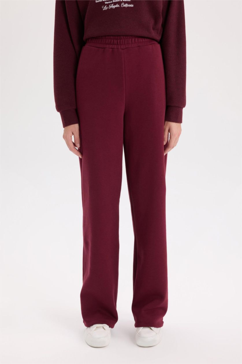 Kadın Bordo Straight Fit Beli Lastikli Cepli Yüksek Bel Kalın Basic Düz Eşofman Altı