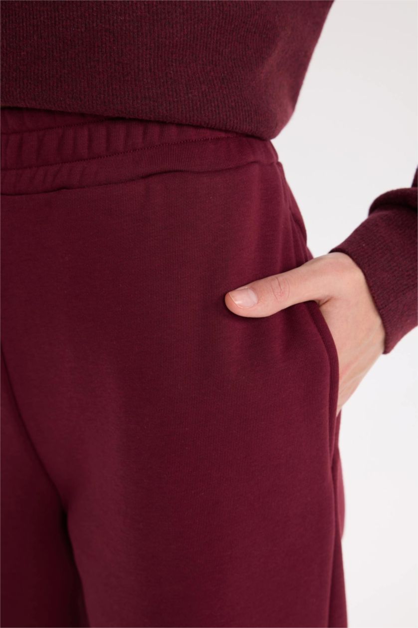 Kadın Bordo Straight Fit Beli Lastikli Cepli Yüksek Bel Kalın Basic Düz Eşofman Altı