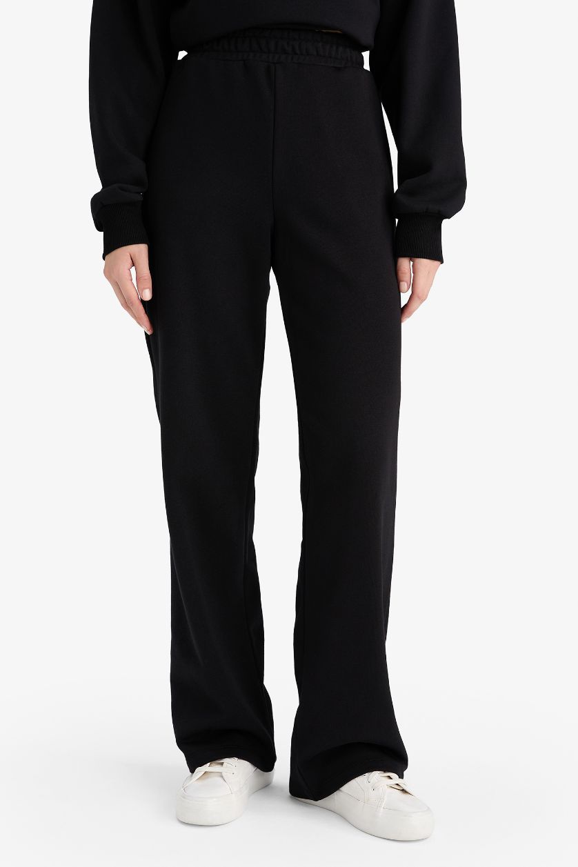 Kadın Siyah Straight Fit Basic Düz Cepli Yüksek Bel Eşofman Altı