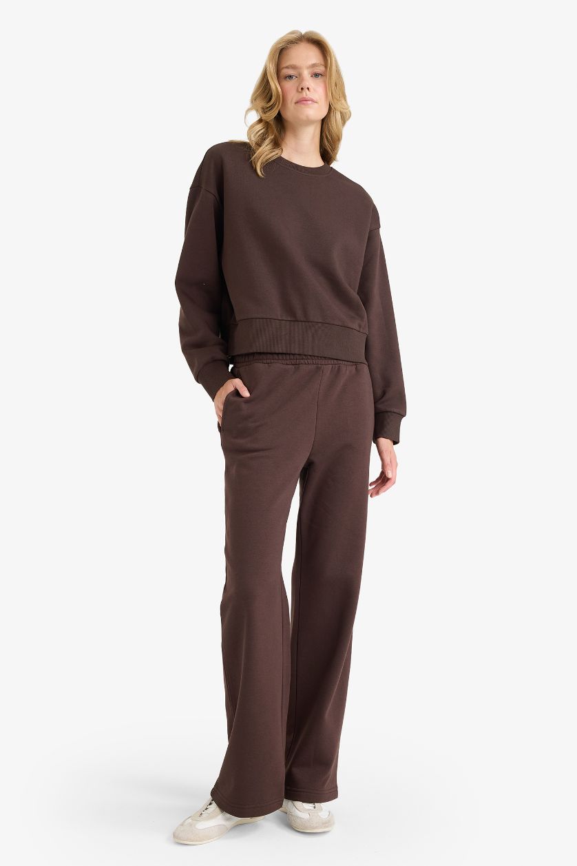 Woman Brown Straight Fit High Waist Thick Basic Sweatpants