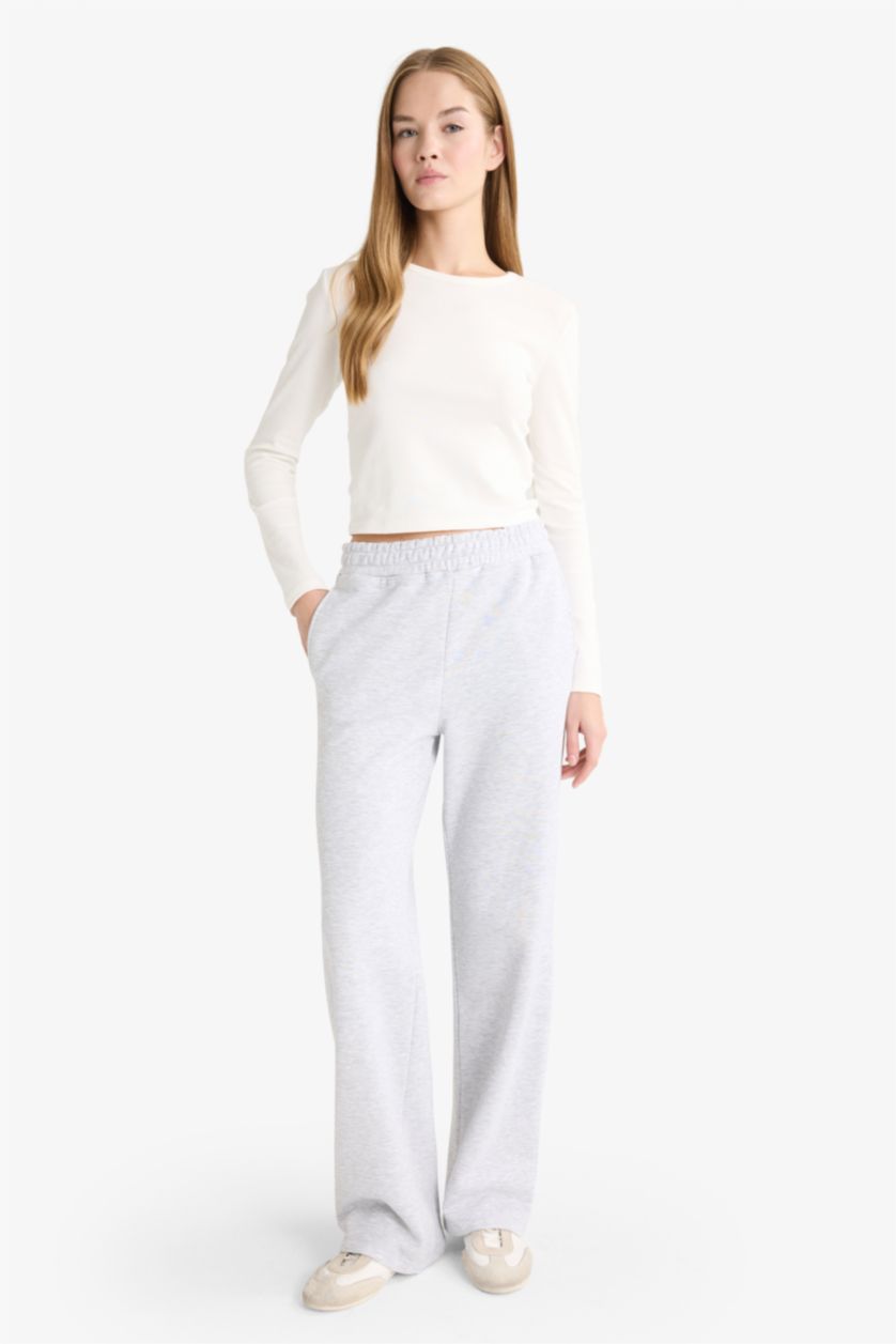 WOMAN Grey Melange Straight Fit Thick Sweatshirt Fabric Trousers