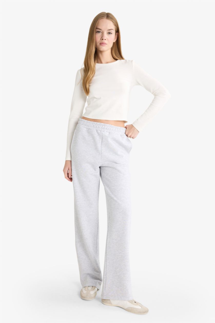 WOMAN Grey Melange Straight Fit Thick Sweatshirt Fabric Trousers