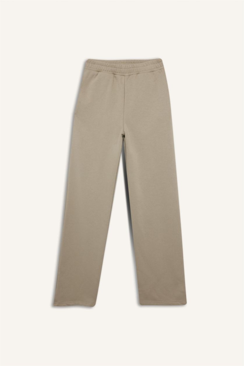 Kadın Açık Haki Straight Fit Basic Düz Cepli Yüksek Bel Eşofman Altı