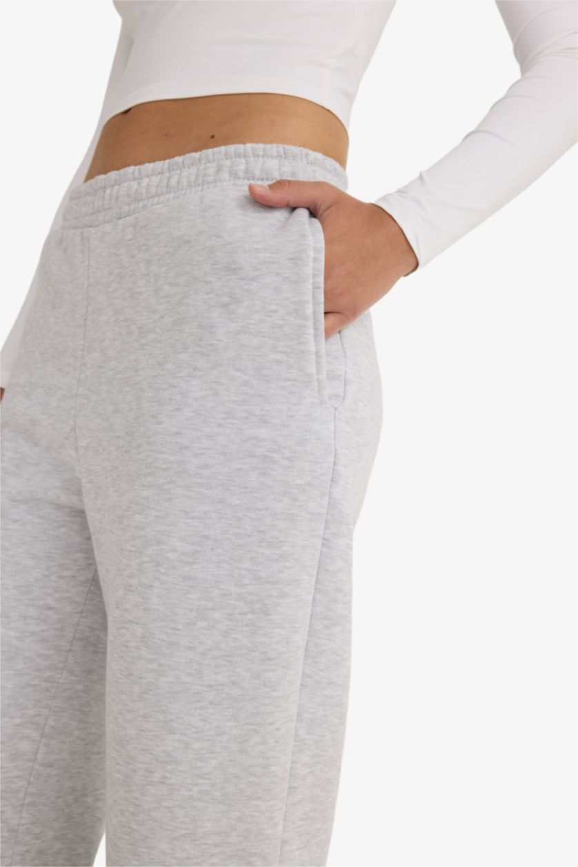 WOMAN Grey Melange Straight Fit Thick Sweatshirt Fabric Trousers
