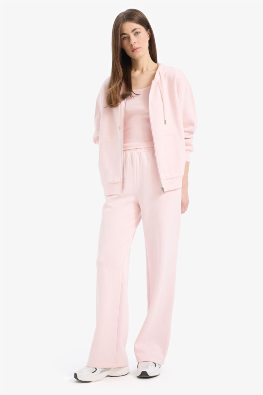 Kadın Açık Pembe Straıght Fıt Kalın Sweatshirt Kumaşı Pantolon