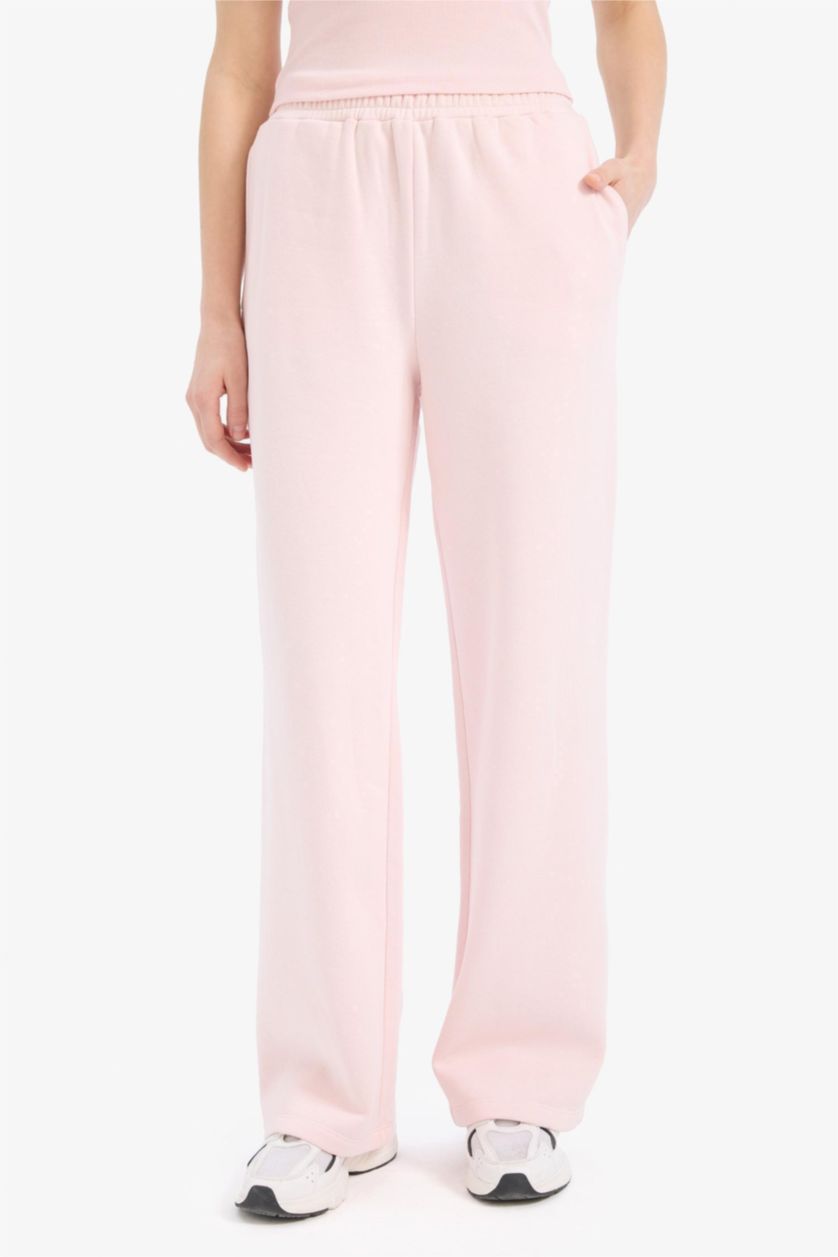 Kadın Açık Pembe Straıght Fıt Kalın Sweatshirt Kumaşı Pantolon