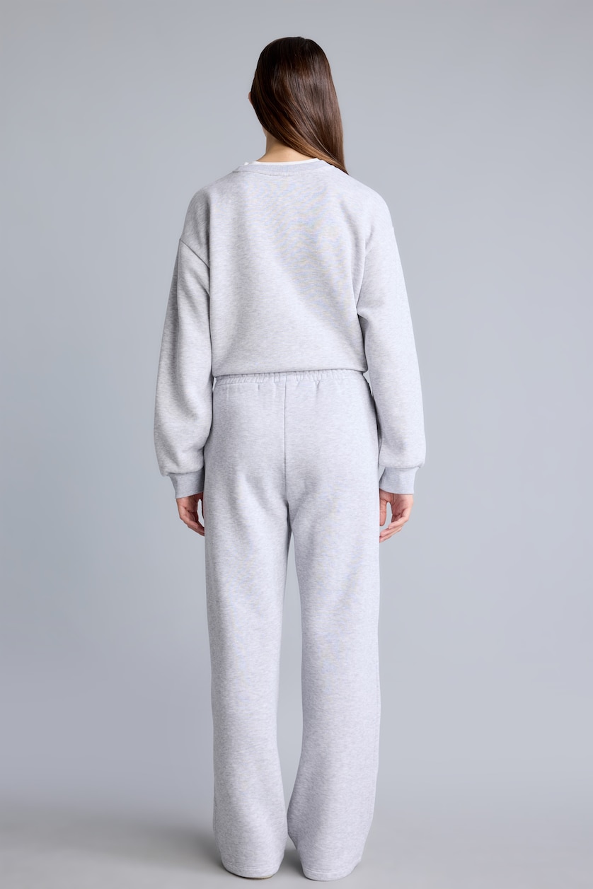 Woman Grey Melange Straight Fit Thick Sweatshirt Fabric Trousers