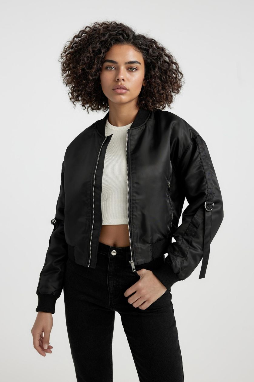 Kadın Siyah Su İtici Kolej Yaka Basic Düz Fermuarlı Cepli Suni Deri Bomber Ceket