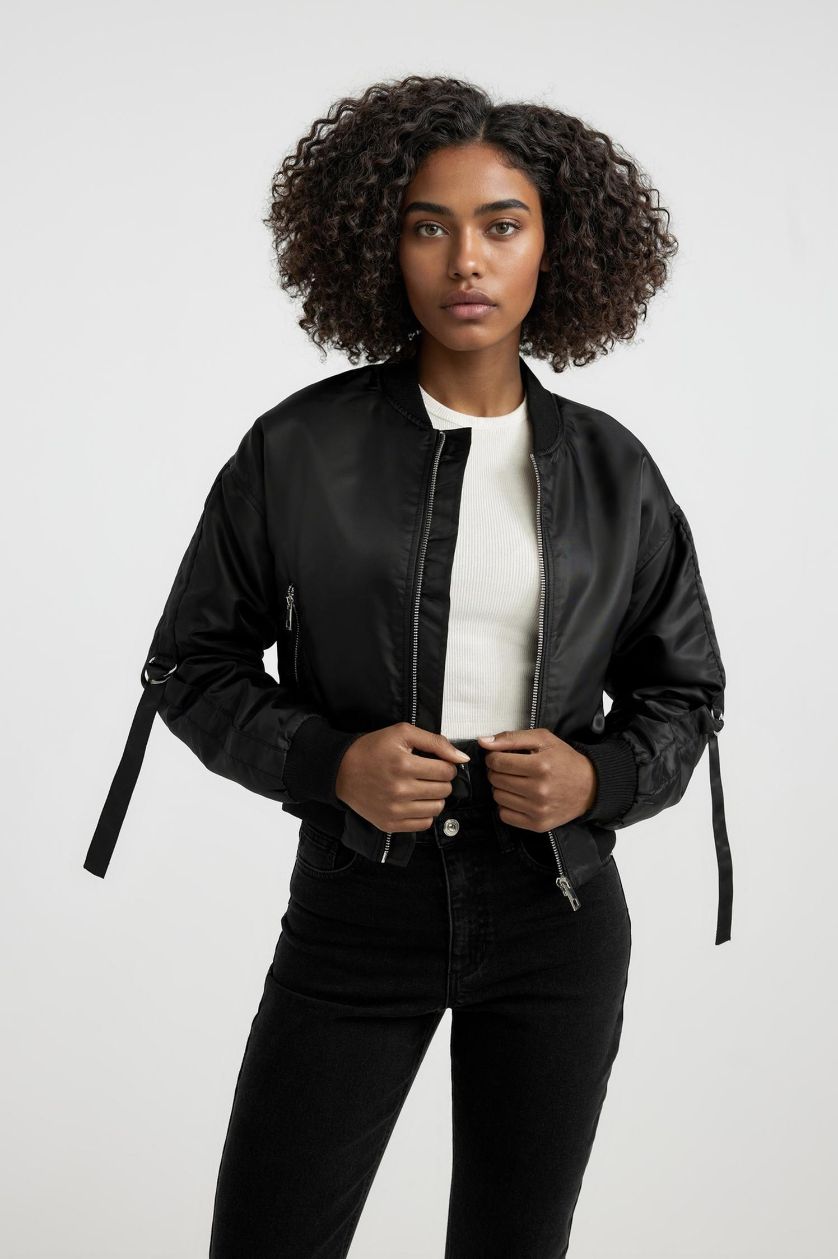 Kadın Siyah Su İtici Kolej Yaka Basic Düz Fermuarlı Cepli Suni Deri Bomber Ceket