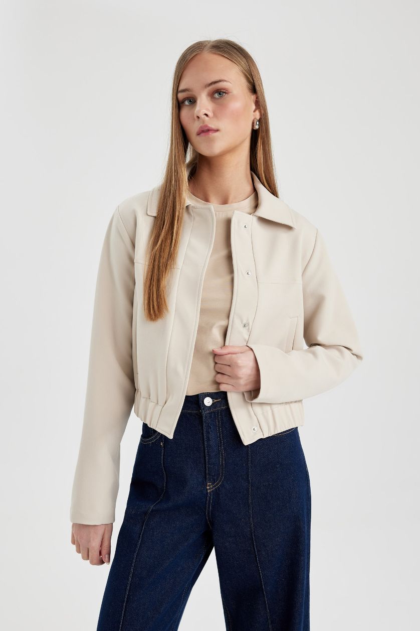 Kadın Kum Polo Yaka Düz Çıtçıtlı Mevsimlik Bomber Mont Ceket