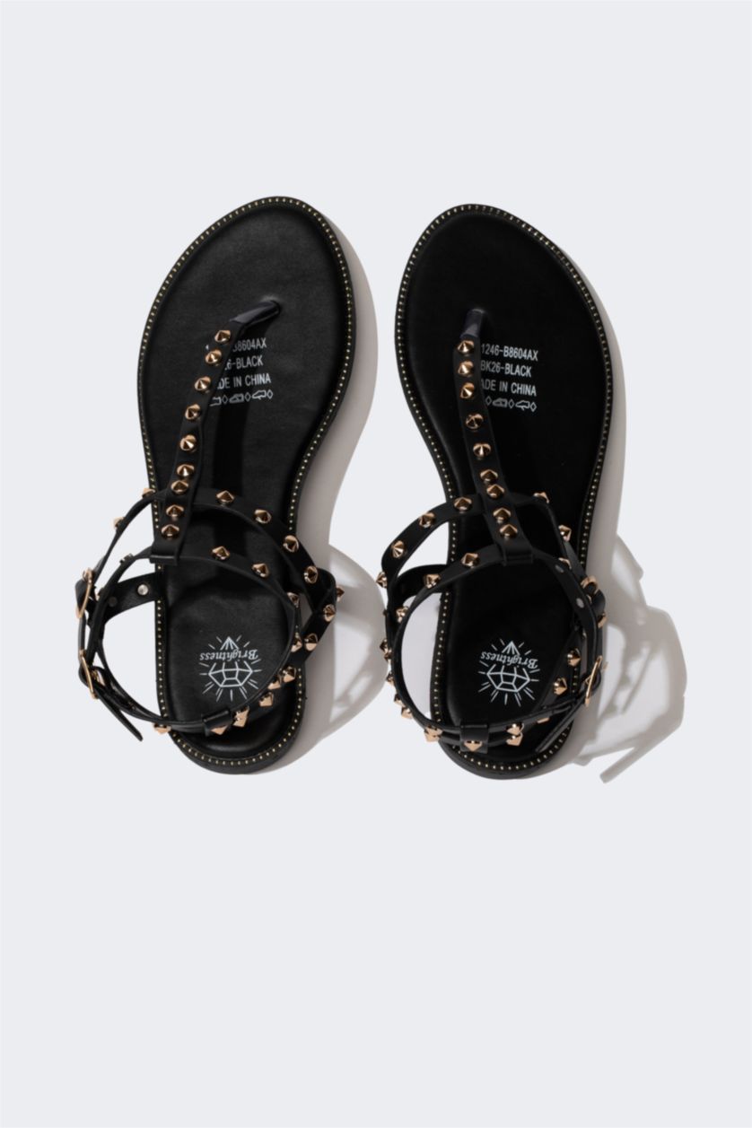 FEMME Noir Sandales à Semelles Plates pour Femme