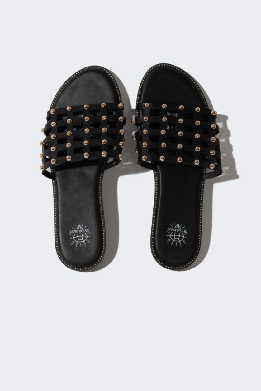 WOMAN Black Woman Flat Heel Faux Leather Sandals