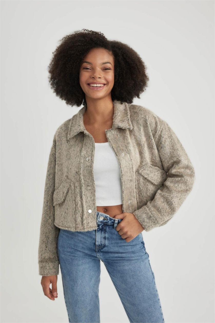 WOMAN Beige Oversize Fit Flannel Long Sleeve Shirt