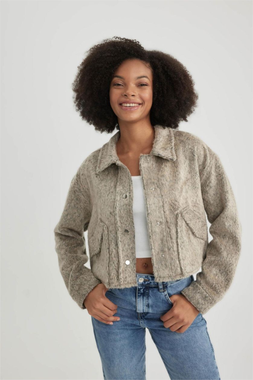 WOMAN Beige Oversize Fit Flannel Long Sleeve Shirt