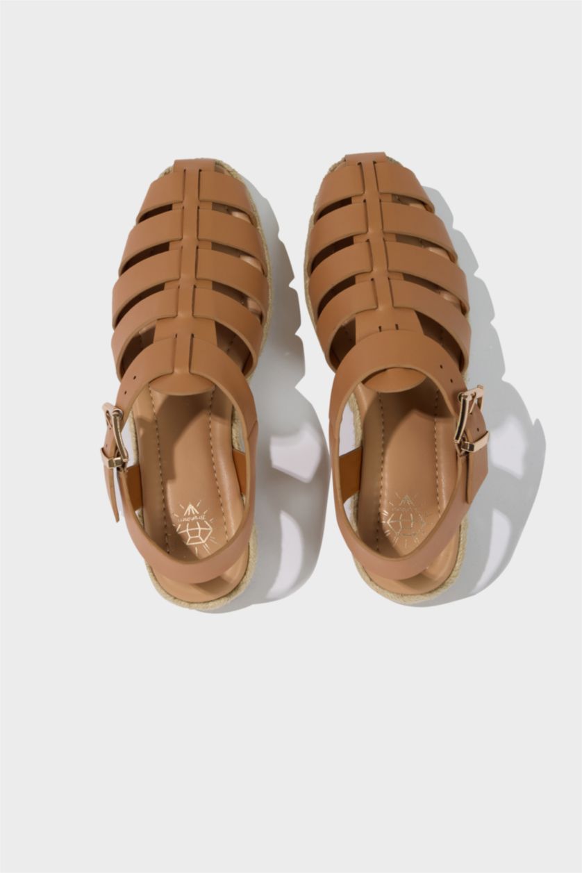 FEMME Marron Sandales en similicuir à semelle plate pour femme