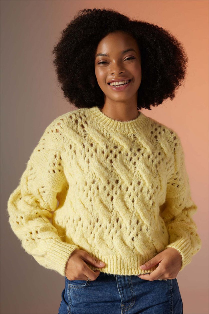 WOMAN Light Yellow Oversize Fit Crew Neck Openwork Knitted Pullover