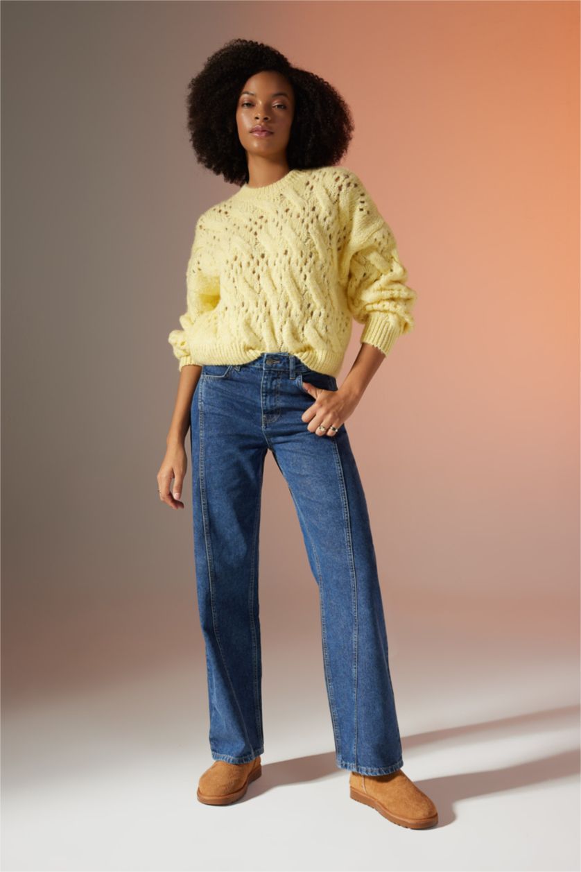 WOMAN Light Yellow Oversize Fit Crew Neck Openwork Knitted Pullover