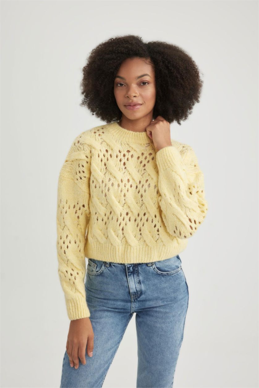 WOMAN Light Yellow Oversize Fit Crew Neck Openwork Knitted Pullover