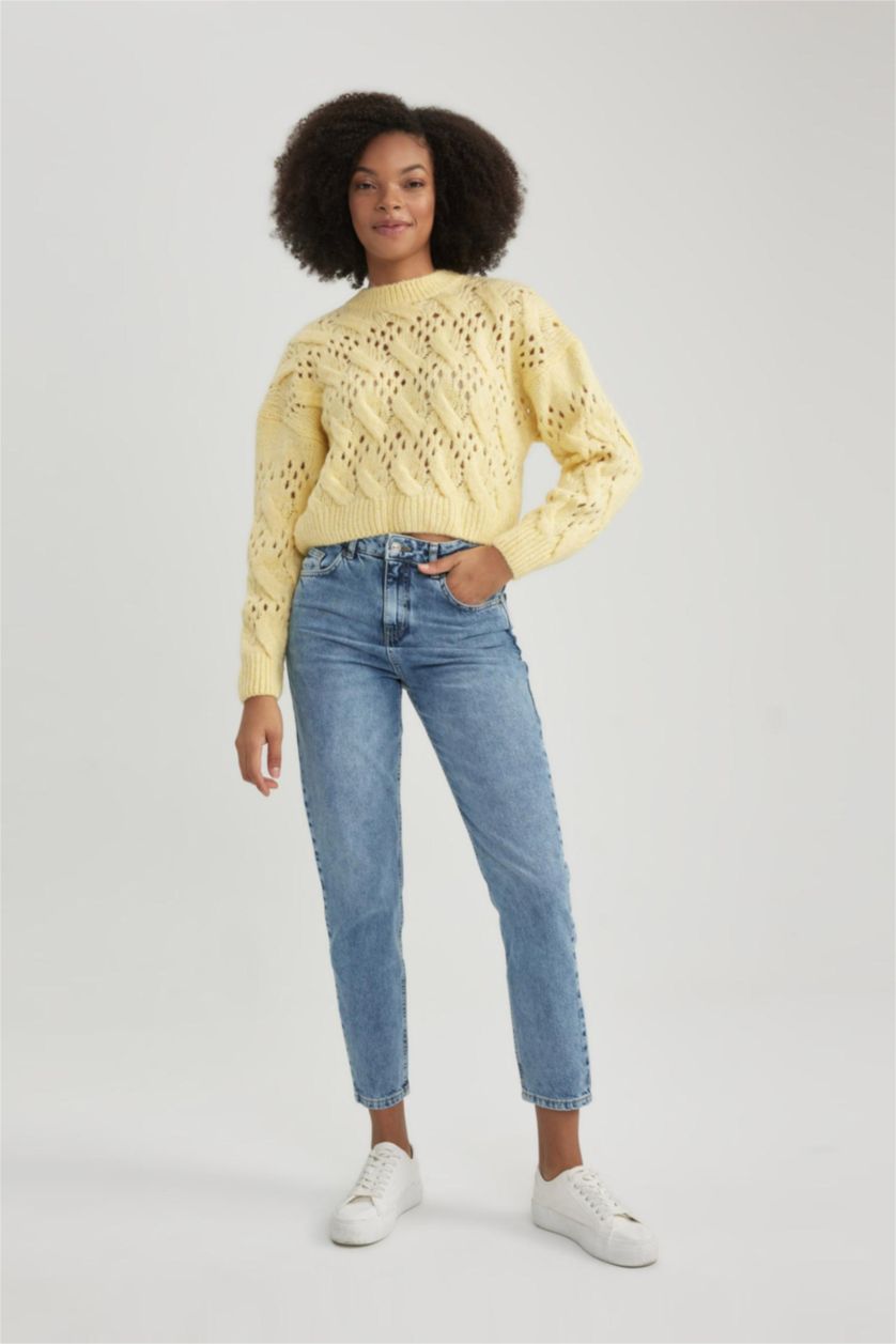WOMAN Light Yellow Oversize Fit Crew Neck Openwork Knitted Pullover