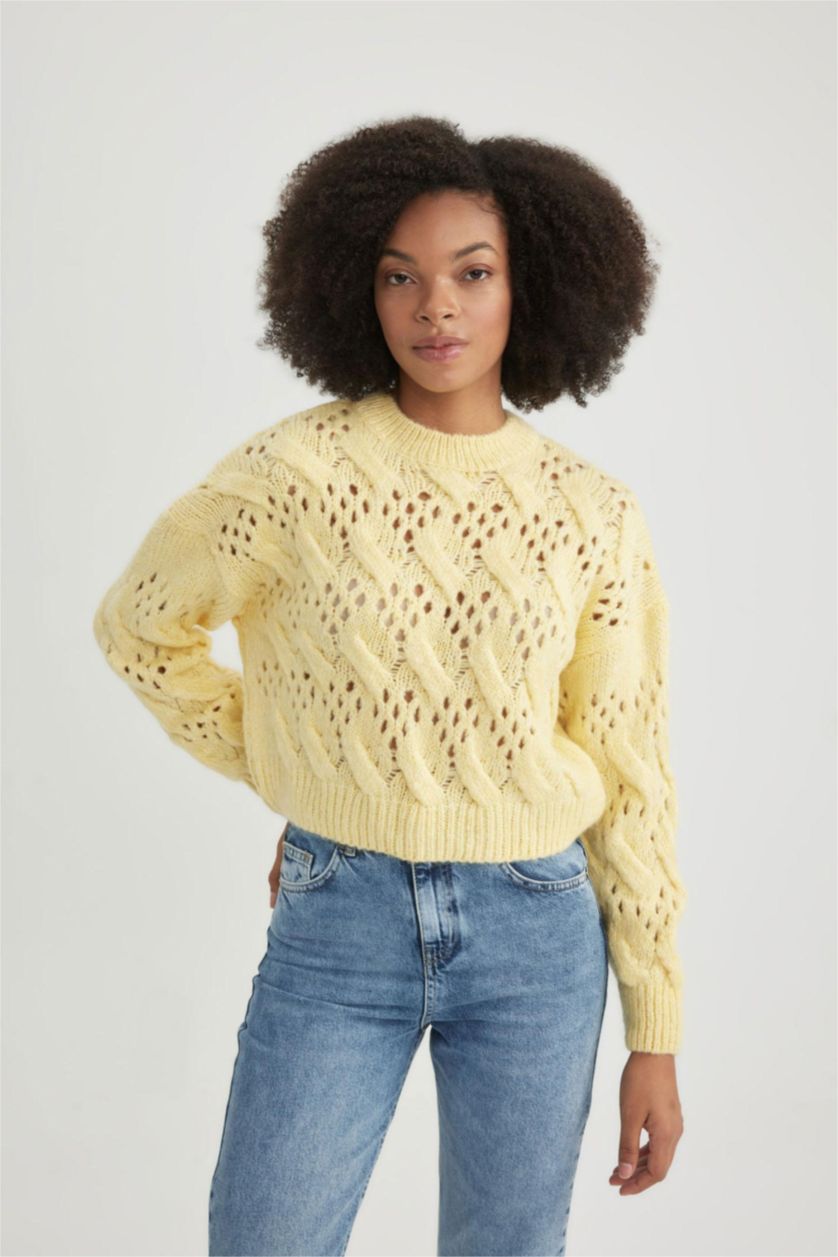 WOMAN Light Yellow Oversize Fit Crew Neck Openwork Knitted Pullover