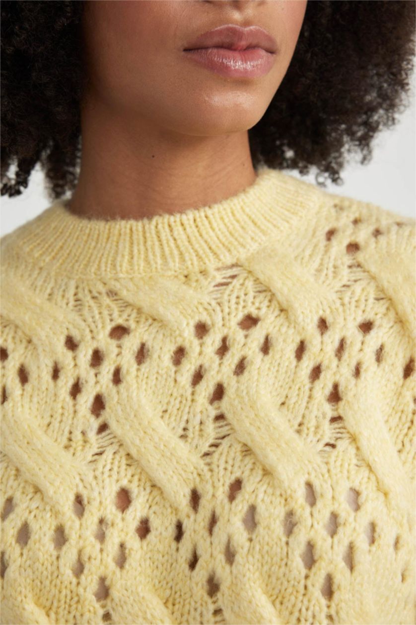 WOMAN Light Yellow Oversize Fit Crew Neck Openwork Knitted Pullover