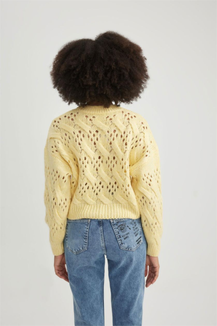 WOMAN Light Yellow Oversize Fit Crew Neck Openwork Knitted Pullover