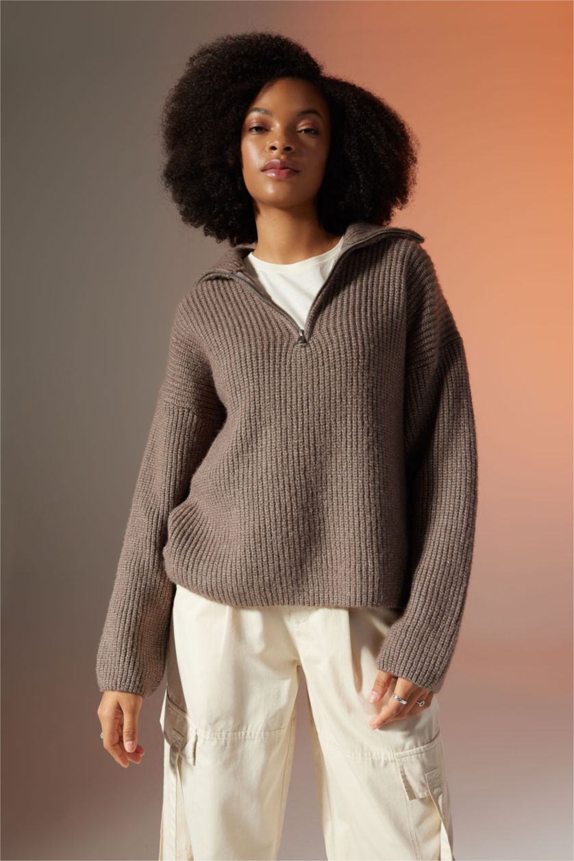 WOMAN Beige Oversize Fit Polo Collar Pullover