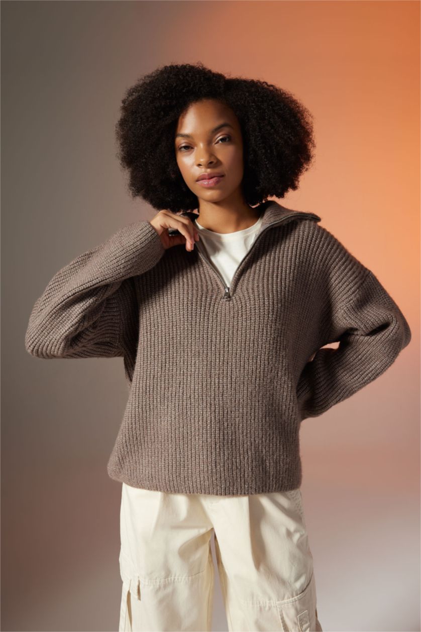 WOMAN Beige Oversize Fit Polo Collar Pullover