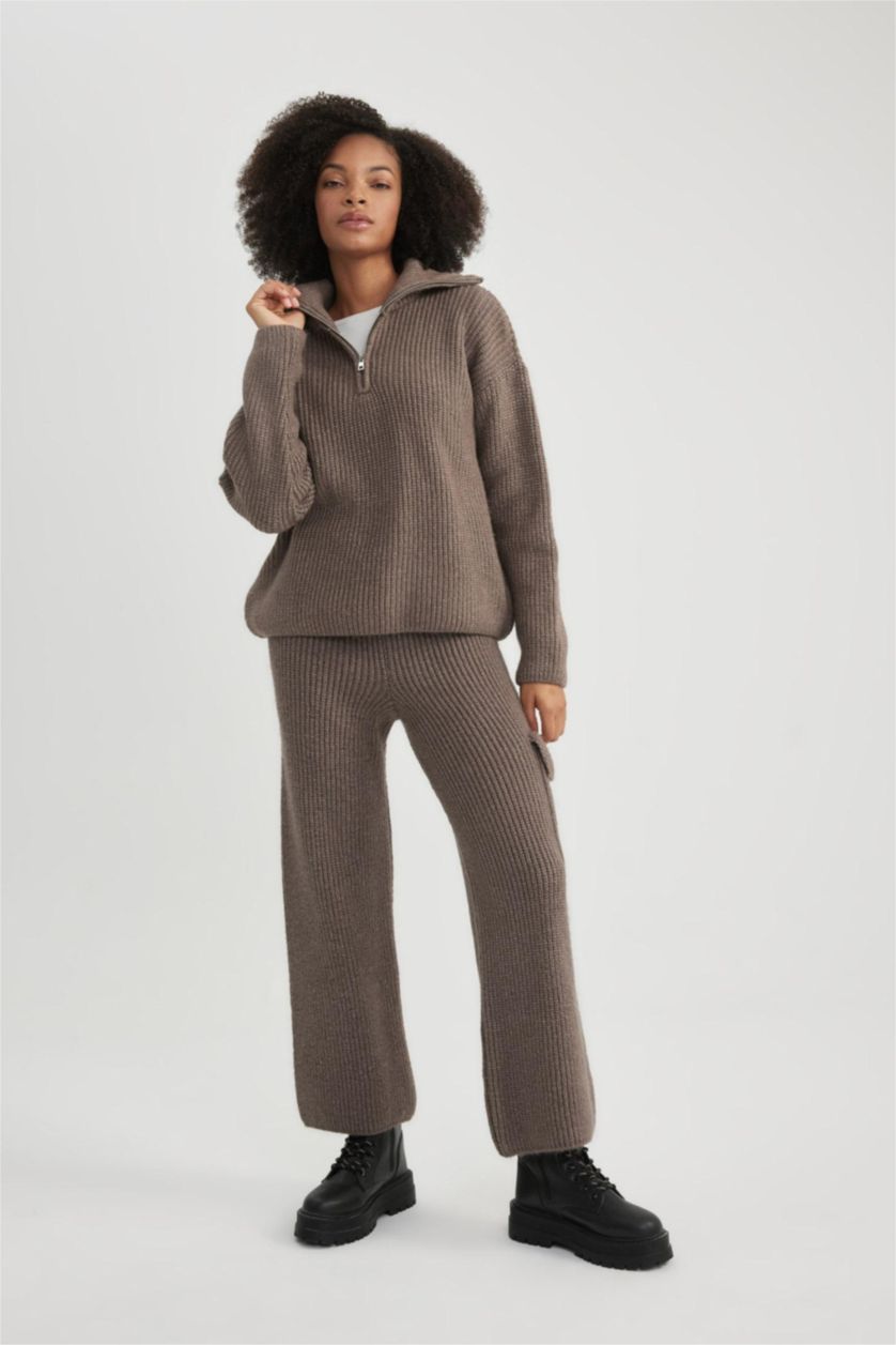 WOMAN Beige Oversize Fit Polo Collar Pullover