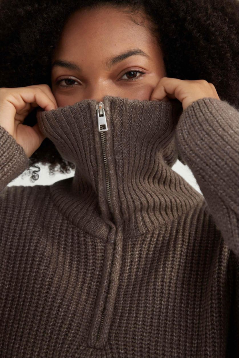 WOMAN Beige Oversize Fit Polo Collar Pullover