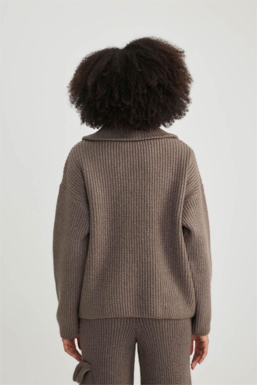 WOMAN Beige Oversize Fit Polo Collar Pullover