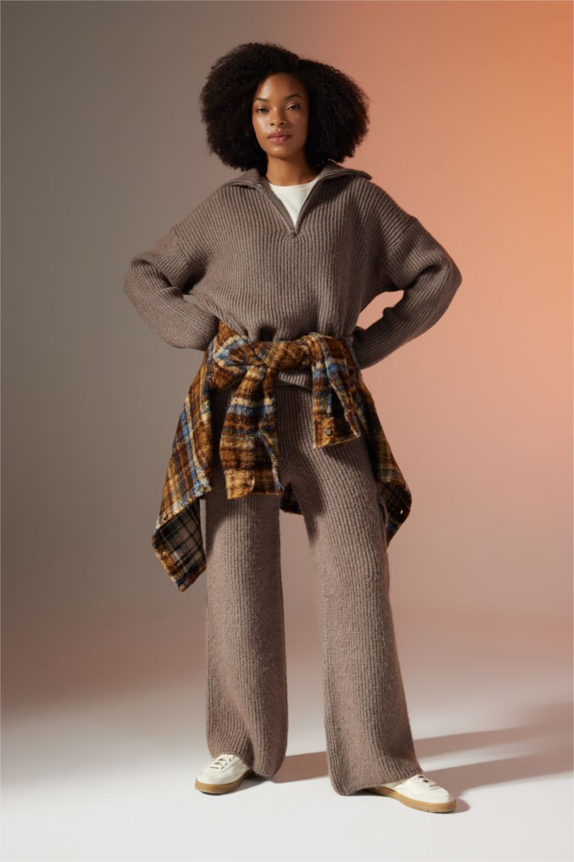 حريمي بيج بنطلون تريكو وايد ليج كارجو بجيب