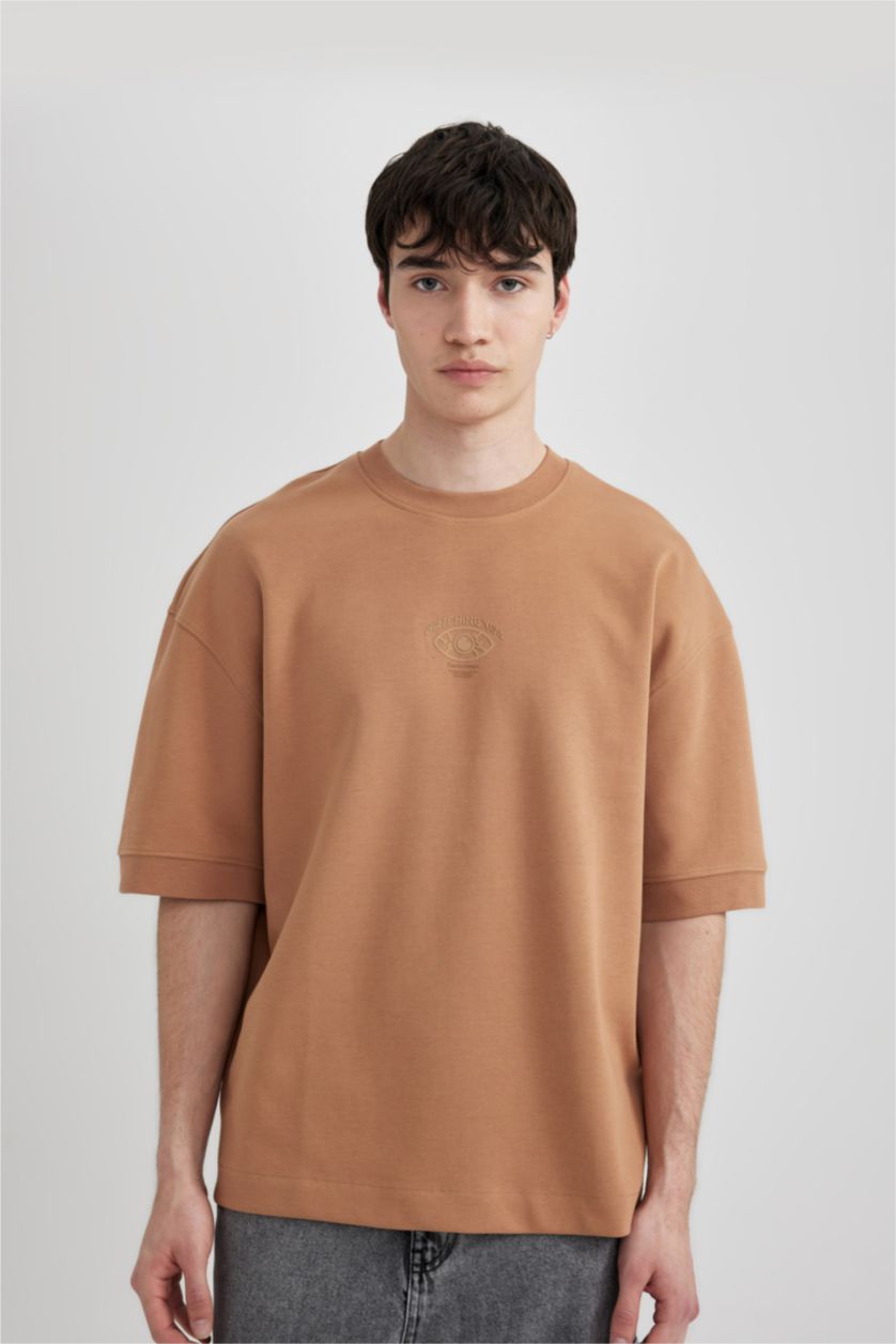 Erkek Camel Loose Fit Bisiklet Yaka Baskılı Ağır Kumaş Kısa Kollu Tişört