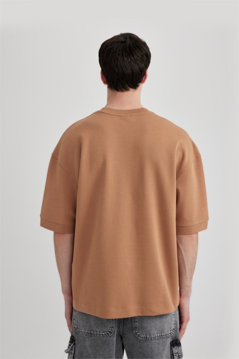 Erkek Camel Loose Fit Bisiklet Yaka Baskılı Ağır Kumaş Kısa Kollu Tişört