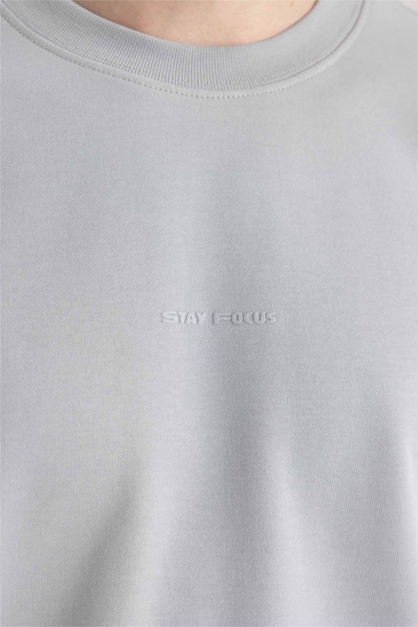 MAN Light Grey Loose Fit Crew Neck Printed Heavy Fabric T-Shirt