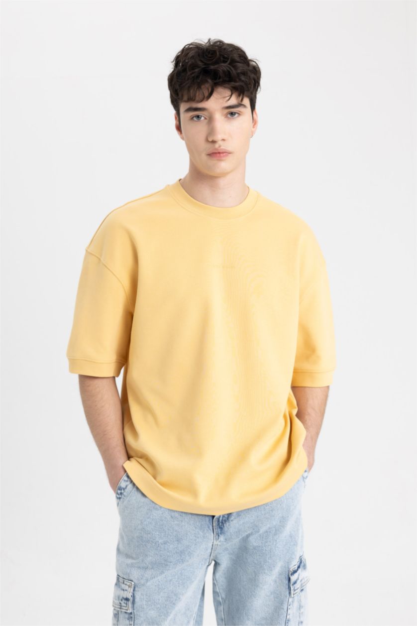 رجالي أصفر فاتح تيشيرت نص كم تقيل قصة فضفاضة مطبوع