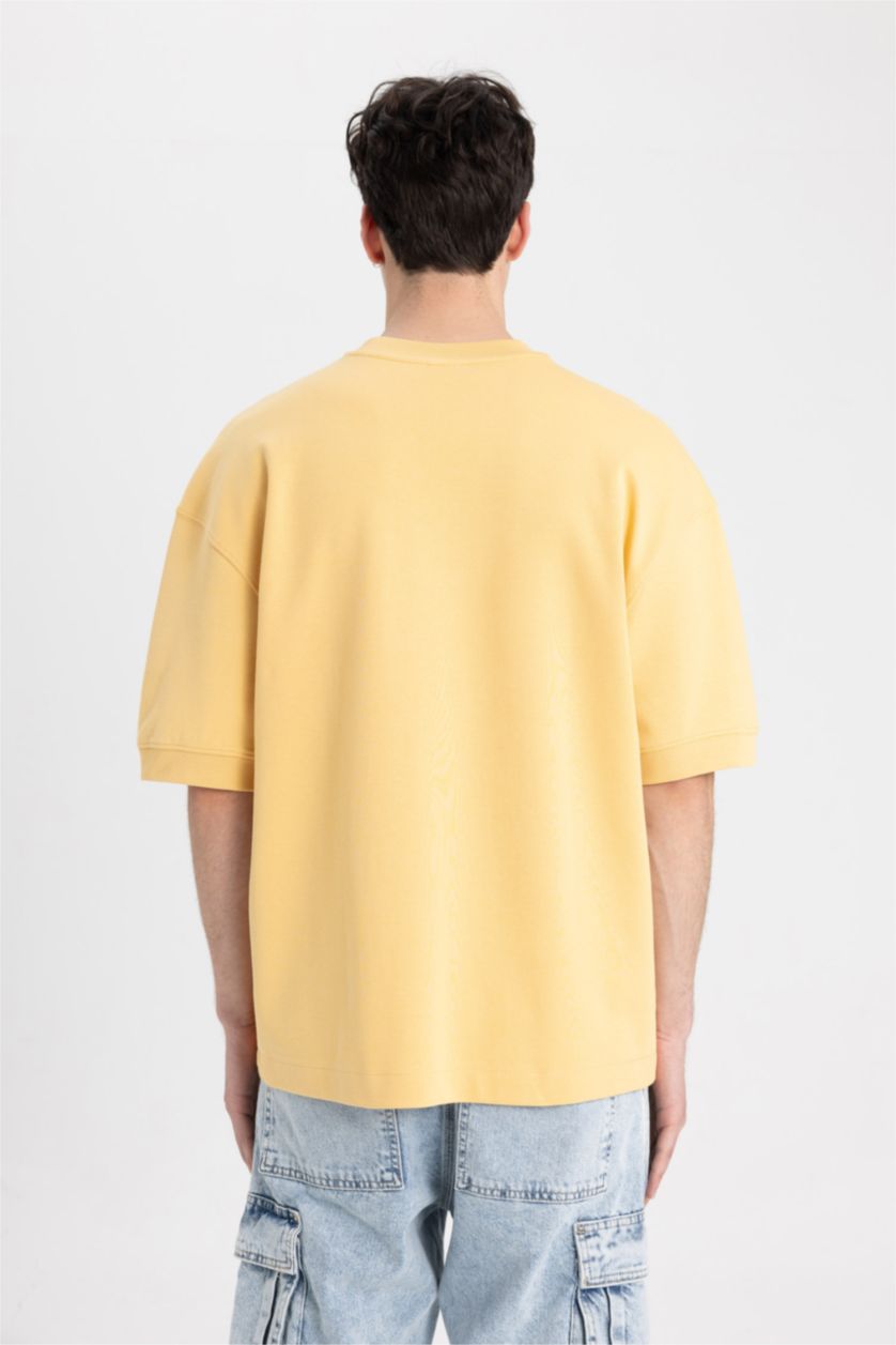 رجالي أصفر فاتح تيشيرت نص كم تقيل قصة فضفاضة مطبوع