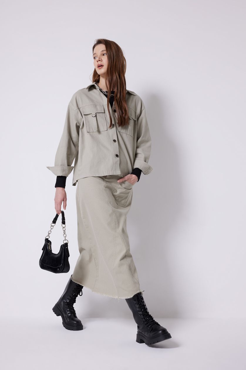 WOMAN Light Khaki A Line Gabardine Long Skirt