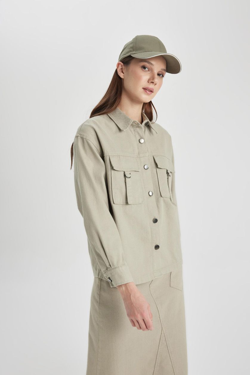 WOMAN Light Khaki Relax Fit Gabardine Long Sleeve Shirt Tunic