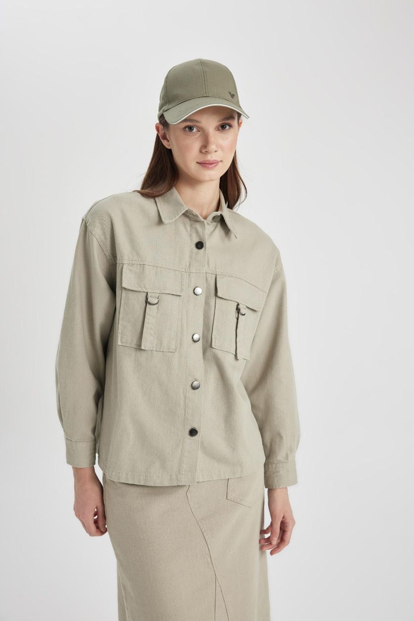 WOMAN Light Khaki Relax Fit Gabardine Long Sleeve Shirt Tunic